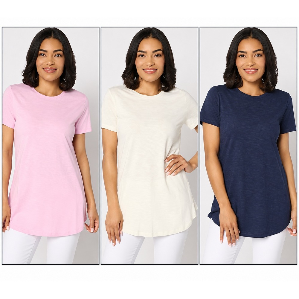 Denim & Co. Essentials Petite Linen Blend 3-Pack Tunics PinkLaw/Nat/Nvy,Pe Large
